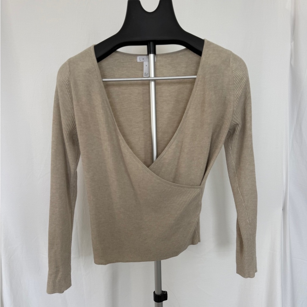 Leith Beige Long Sleeve V-Neck Top